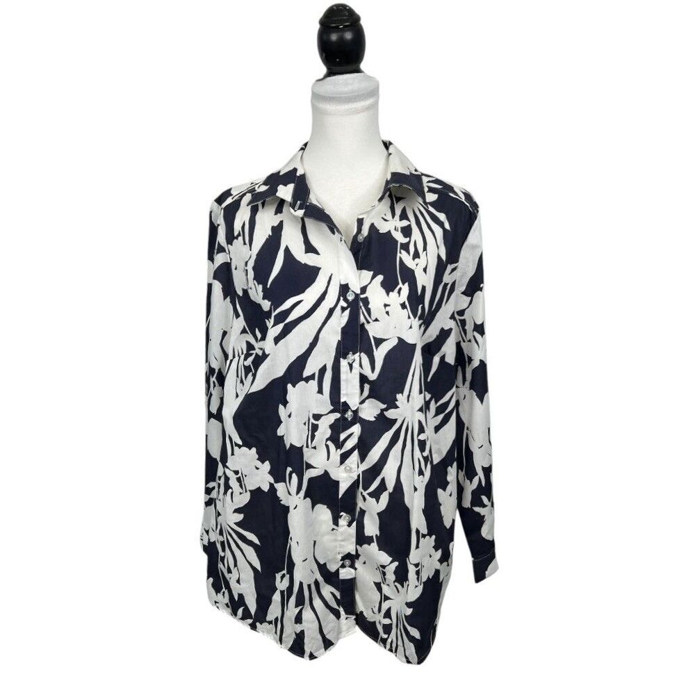Roaman's Blouse Plus Size 20W Blue & White Button-Down Collared Floral Work Top